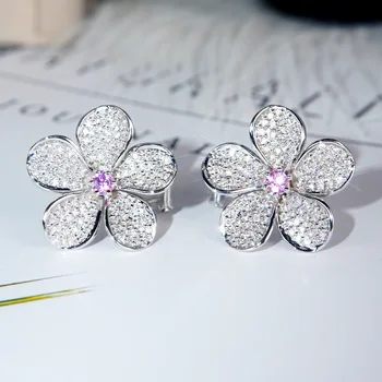 Wysokiej jakości biały Cyrkon platinum różowy pełna Cyrkon kwiat kolczyki pręta dla kobiet, ślub zaręczynowy biżuteria prezent