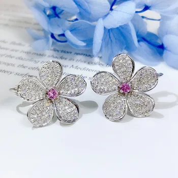 Wysokiej jakości biały Cyrkon platinum różowy pełna Cyrkon kwiat kolczyki pręta dla kobiet, ślub zaręczynowy biżuteria prezent