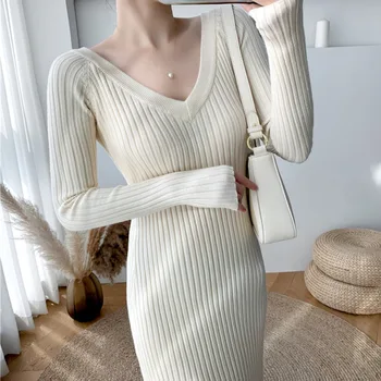Wysokiej jakości casual V-neck kobiety wełniany sweter strój koreański elegancki szczupła kobieta Alina długa sukienka вязаное Vestidos 2021 Nowa wiosna