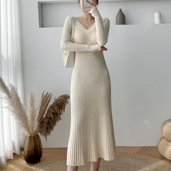 Wysokiej jakości casual V-neck kobiety wełniany sweter strój koreański elegancki szczupła kobieta Alina długa sukienka вязаное Vestidos 2021 Nowa wiosna