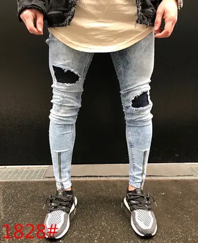 Wysokiej jakości mężczyzn elastyczne wąskie dżinsy zmarszczki w kolanie hip-hop biker spodnie biodra do kostki zamek męskie podarte spodnie dropshipping