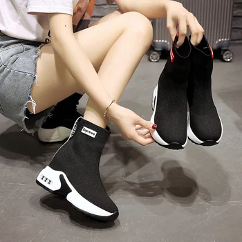 Wysokość wewnętrzna skarpety buty Damskie jesień koreańska wersja 2019 grube dno Wysoki Wierch małe krótkie buty z dzianiny elastyczne, cienkie skarpetki buty