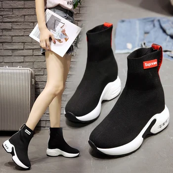 Wysokość wewnętrzna skarpety buty Damskie jesień koreańska wersja 2019 grube dno Wysoki Wierch małe krótkie buty z dzianiny elastyczne, cienkie skarpetki buty