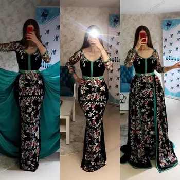 Wzór Pełny Haft Syrena Marokańska Kaftan Sukienka Z Odpinanym Trenem Czarne Muzułmańskie Arabskie, Islamskie, Sukienki Na Studniówkę