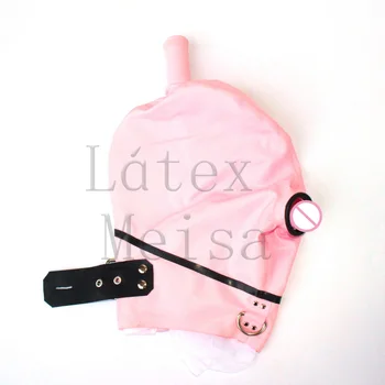 Włosy rurki projekt różowy fetysz lateks kaptury BDSM otwarte usta i nozdrza, z tyłu zamek dekoracji