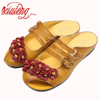 Xiuteng Summer Flat Shoes with Woman skóra naturalna miękka podeszwa sandały open toe płaskie buty Damskie 2020 Modne damskie sandały