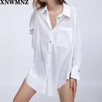 XNWMNZ za Women 2020 Fashion z bocznymi guzikami temat asymetryczne bluzki rocznika kieszenie z długim rękawem koszule Damskie eleganckie bluzki