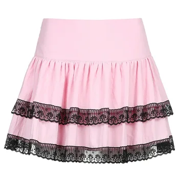 Y2k różowe plisowane spódnice koronkowe falbanki mini spódnice kobiety z wysokim stanem śliczne spódnice schludny styl koreański cosplay spódnice nowe