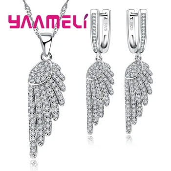 YAAMEL Luxury 925 Pure Cubic Zirconia Pave Seting Angle Wings w Kształcie wisiorek naszyjnik i wiszące kolczyki dla kobiet