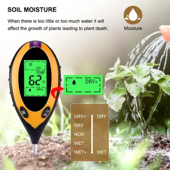 Yieryi 4 In 1 Digital PH Meter Soil Moisture Monitor Temperature Sunlight Tester For Gardening Plants Farming With Blacklight