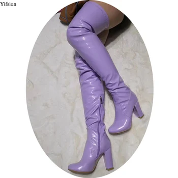 Yifsion Women Winter Over The Knee Boots Square High Heels Buty Nice Round Toe Gorgeous Purple Party Shoes Women US Size 5-15