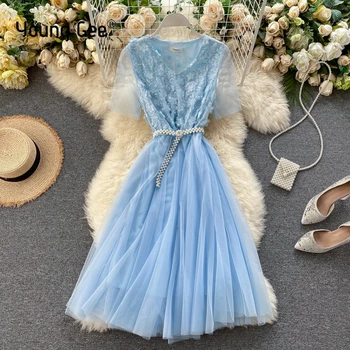 Young Gee Summer Sweet Lace 3D kwiatowe sukienki 2020 damska z krótkim rękawem O-neck A-line Flare Party perły pas sukienki Vestidos
