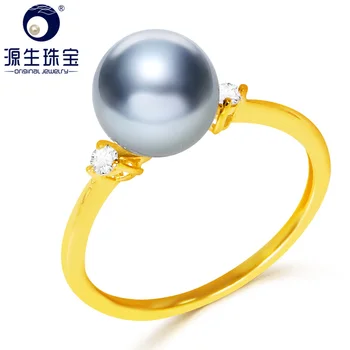 YS 14k Solid Gold 8-8.5 mm Silver Blue Japanese Akoya Saltwater Pearl Ring Wedding Fine Jewelry