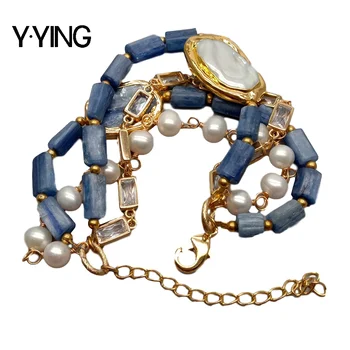 Y·YING 4 nici hodowane biały perłowy niebieski cyjanit Cz łańcuch oświadczenie bransoletka hip-hop dla kobiet