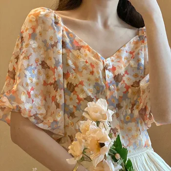 Z ramienia kobiety wiosna-lato styl szyfon bluzka koszula Lady codzienne krótkie puff rękawem V-neck drukowanych Blusas topy DF3765