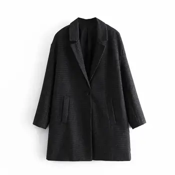 ZA nowy płaszcz z długim rękawem kobiety ciepła zima gruba jeden guzik wolna kurtki płaszcz kurtka mały pled długi płaszcz