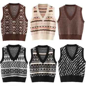 Za Women Vintage Plaid Knit Sweater Vest 2020 Winter V Neck Animal Printed Casual Sweter Damska Moda Gotycka Z Dzianiny Top