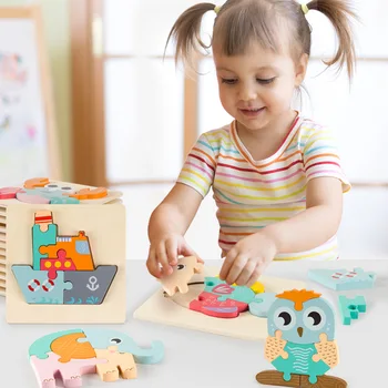 Zabawki drewniane puzzle 3d kreskówka zwierząt inteligencja dzieci edukacyjne mózgowe zapowiedziach dzieci tangram formy kształcenia puzzle
