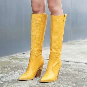 Zachodnie buty moda ślubna, ostrym nosem kobiety kolana wysokie buty antypoślizgowe na buty jesień zima buty duży rozmiar 43 żółty, czarny, brązowy