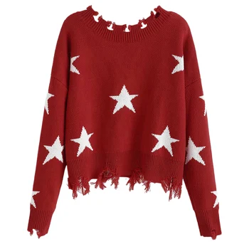 ZAFUL Star Print damski sweter jesień zima wolny V-neck sweter z dzianiny odzież graficzny skrócone topy casual odzież damska