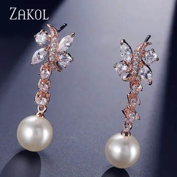 ZAKOL moda imitacja perły panny młodej ślub biżuteria wykwintne sześciennych Cyrkon kwiat kolczyki drop dla kobiet prezent FSEP529