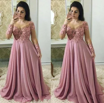 Zakurzone-Różowe Sukienki Matka Panny Młodej Z Długimi Rękawami Sheer Jewel Neck Suknia Ślubna Dla Gości Szyfonowa Sukienka Plus Size