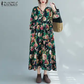 ZANZEA kobiety V neck z długim rękawem sukienka vintage wiosna jesień bawełna pościel Vestido kaftan plus rozmiar kwiatowy print wolny sukienkę