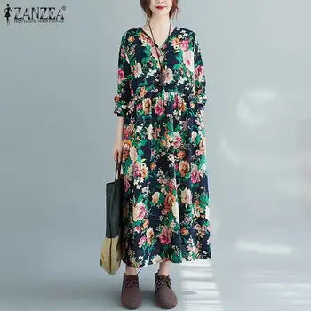 ZANZEA kobiety V neck z długim rękawem sukienka vintage wiosna jesień bawełna pościel Vestido kaftan plus rozmiar kwiatowy print wolny sukienkę
