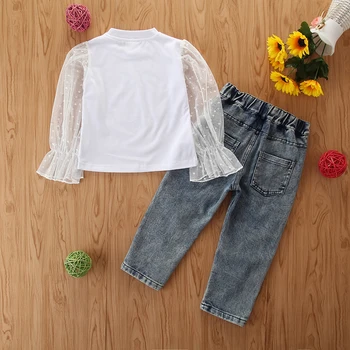 Zestaw składa się z dwóch części dla dziewczyn, plac netto punktowy obiecujące koszula z długim rękawem okrągły dekolt bluzki podarte dżinsy 1-6 lat