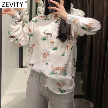 Zevity 2021 Women Fashion Animal Printing Casual Satin Blouse Office Ladies Long Sleeve Business Shirts Chic Chemise Tops LS7503