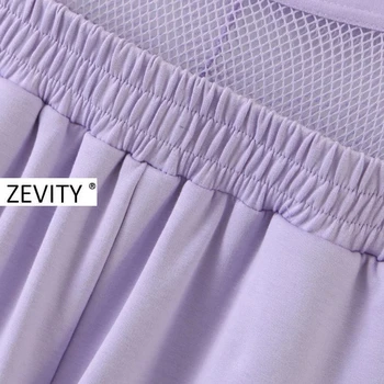 Zevity New Women fashion mesh stitching color purple proste spodnie femme elastyczny pas spodnie do wypoczynku eleganckie kieszenie spodnie P896