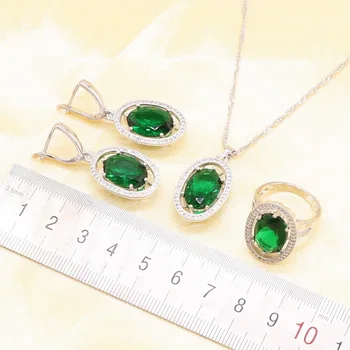 Zielone kamienie biały kryształ 925 srebro biżuteria dla kobiet z bransoletą kolczyki naszyjnik wisiorek pierścionek prezent urodzinowy