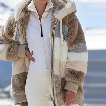Zimowa damska kurtka moda pluszowy лоскутный kieszeń zapinana na zamek kurtka zimowa z kapturem w stylu retro luźne długie rękawy plus size kobiet Top coat