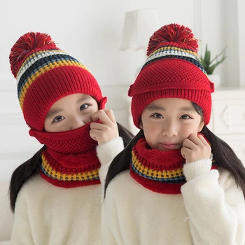 Zimowa dziecięca czapka szalik maska z trzech części dzieci pluszowe zagęszczają się ogrzać z dzianiny sweter czapka chronić twarz, szyja piłkę kapelusz