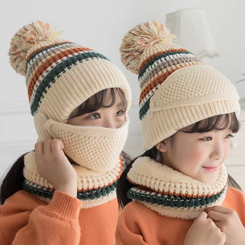 Zimowa dziecięca czapka szalik maska z trzech części dzieci pluszowe zagęszczają się ogrzać z dzianiny sweter czapka chronić twarz, szyja piłkę kapelusz
