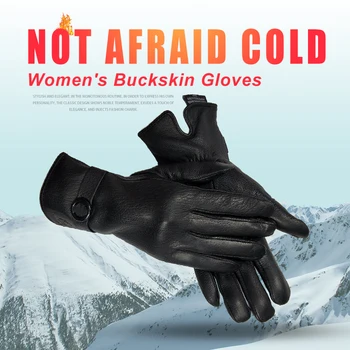 Zimowe damskie skórzane rękawiczki gęstnieją odkryty ciepły i miękki nie robi wełniana podszewka czarna damska ozdobna klamra zimne rękawice
