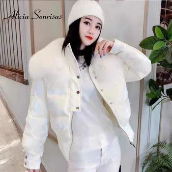 Zimowy Płaszcz Elegancki 2020 Koreański Bańka Błyszczący Kolor Cukierki Ogromny Płaszcz Futro Kołnierz Krótki Błyszcząca Kurtka-Izolacja Bawełna