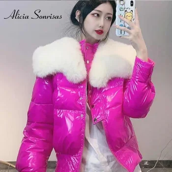 Zimowy Płaszcz Elegancki 2020 Koreański Bańka Błyszczący Kolor Cukierki Ogromny Płaszcz Futro Kołnierz Krótki Błyszcząca Kurtka-Izolacja Bawełna