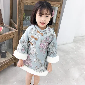 Zimowy strój dla dziewczynek Kids Girls Baby kwiat sukienka z haftem Winter Cheongsam New Year Tang Suit #4D18