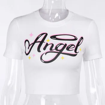 ZOOEFFBB Sexy Angel Letter Print White T Shirt Women 2020 Fashion Summer Clother Streetwear Graphic Tees Ladies Śliczny Crop Tops