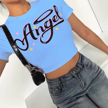 ZOOEFFBB Sexy Angel Letter Print White T Shirt Women 2020 Fashion Summer Clother Streetwear Graphic Tees Ladies Śliczny Crop Tops