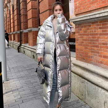 ZURICHHOUSE zimowa kurtka Puffer z długim kapturem damska parku 2021 moda błyszczący srebrny gruby ciepły płaszcz puffer kobieta P3538
