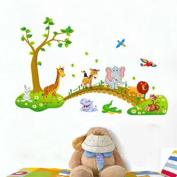 Zwierzęta dżungli drzewo przednia, naklejki ścienne dla dzieci pokój Dziecięcy dekoracyjna naklejka art mural wystrój domu
