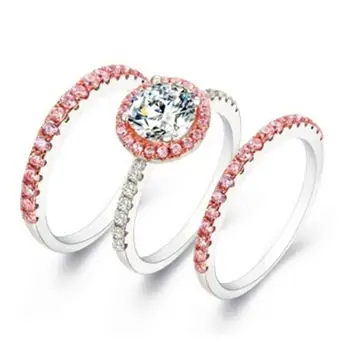 Ładny Kobieta Kryształ Różowy Pierścionek Zaręczynowy Zestaw Moda Kolor Srebrny Ślub Zaręczynowy Pierścień Obietnica Pasjans Pierścienie Dla Kobiet