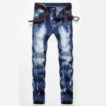 Śniegiem wypłukane patchwork męskie proste elastyczne dżinsy plus rozmiar vintage patch cienkie jeansy długie białe bawełniane męskie spodnie jeansowe