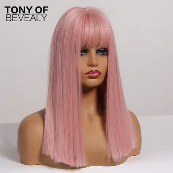 Średniej długości proste Bobo włosy peruka z grzywką odporne syntetyczne peruki afro kobiet różowy Lolita cosplay peruki naturalne