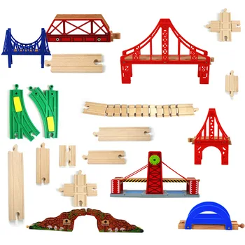 Świąteczne prezenty drewniany pociąg utwór kolejowe akcesoria drewniane utwór tylna czerwona tęcza most do przejazdu kolejowego zabawki