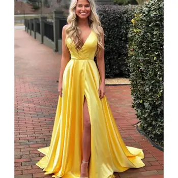 Żółty Split formalna impreza długie sukienki na studniówkę 2020 spaghetti pasy V-neck satynowy szlafrok damski suknie wieczorowe vestido de festa