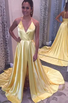 Żółty Split formalna impreza długie sukienki na studniówkę 2020 spaghetti pasy V-neck satynowy szlafrok damski suknie wieczorowe vestido de festa