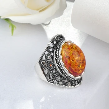 Кинель gorący duży owal imitacja bursztynu kolczyki pierścień dla kobiet, vintage, biżuteria zestawy Tybetański srebrny Urok kwiat moda biżuteria